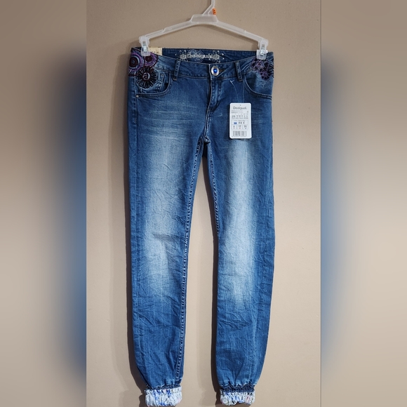 DESIGUAL NWT Flower Embroidered Straight Leg W/ankle Elastic Jeans BOHO Hippie - Picture 11 of 16